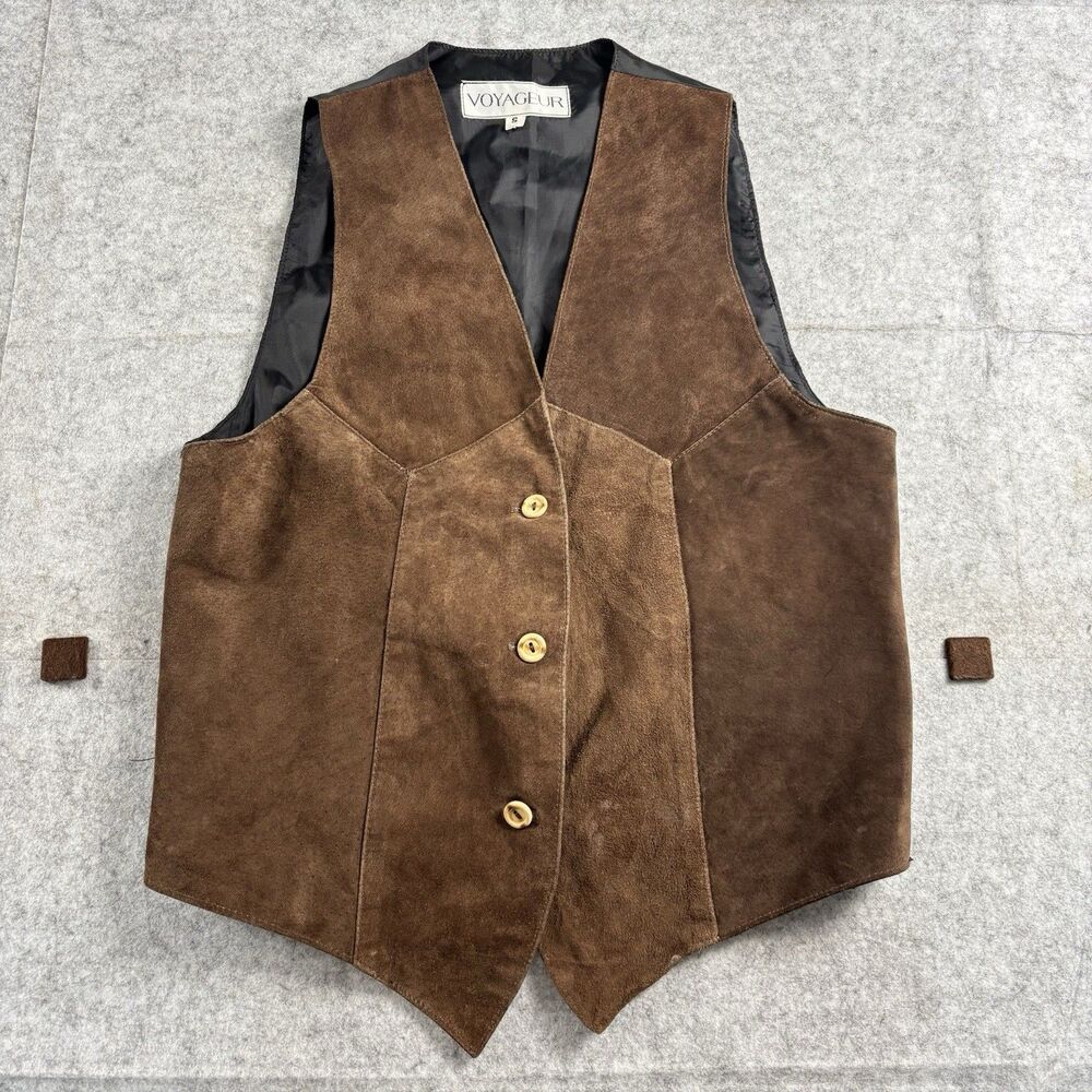 Vintage 90s Voyageur Brown Suede Leather Vest Womens Small Button Front Western